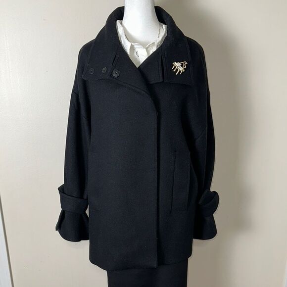 Mango XS Black Wool Blend Relaxed Style Bell Tie Sleeve Mock Neck Jacket - Picture 1 of 16